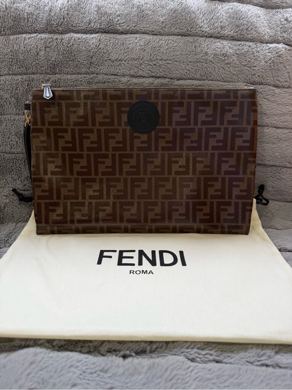 Fendi Brown Logo Zip Pouch